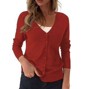 New Designer Originals Women’s Large V-neck Sweater‎ Red Cardigan Button Up